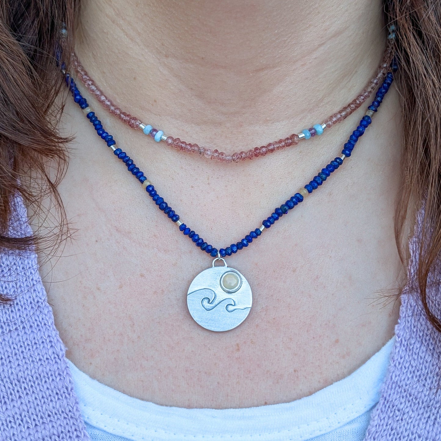 ONA - Ocean waves Ethiopian opal silver pendant with Lapis Lazuli beads