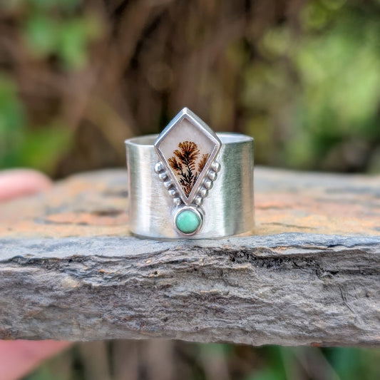 Anillo de plata con ágata dendrítica y variscita