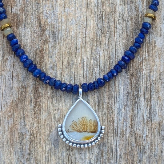 NATURE - Colgante de plata con ágata dendrítica con cuentas de Lapislázuli