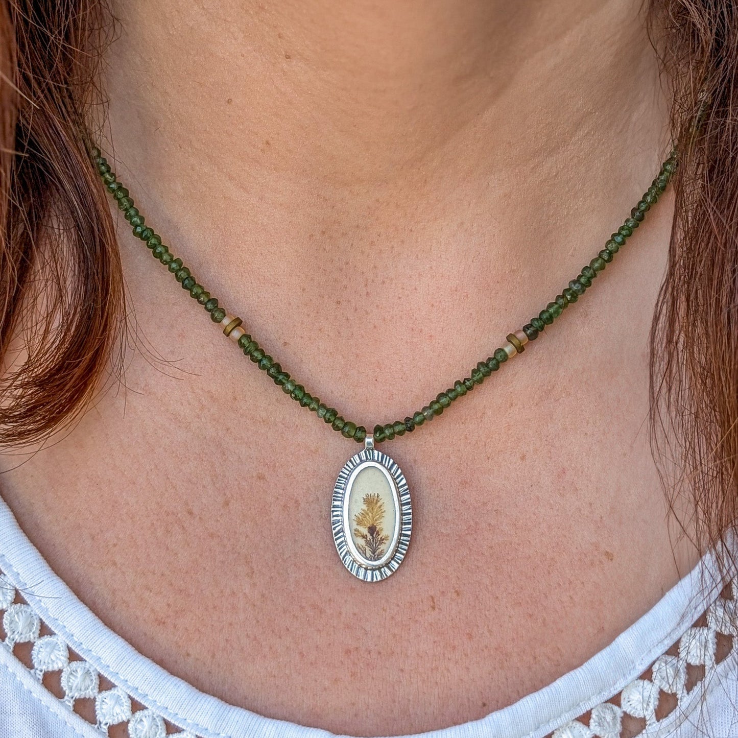 NATURE - Colgante de plata con ágata dendrítica con cuentas de Serpentina